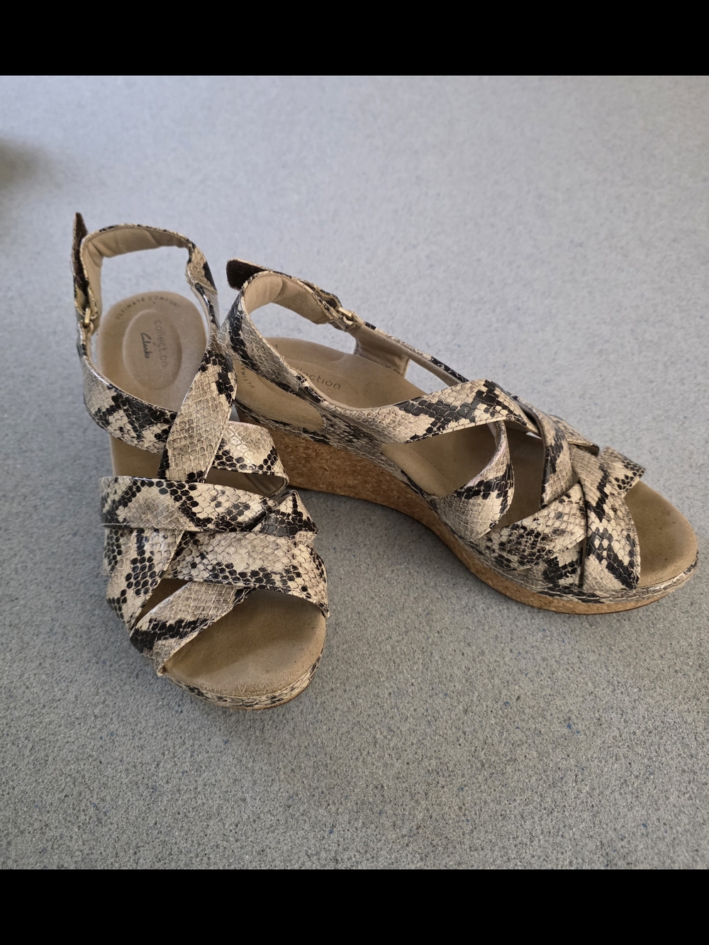 Clarks Women’s Snake-Print Cork Wedge Sandals in Beige